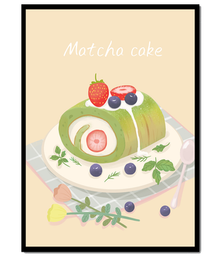 Illustration of a Matcha Roll Cake with Fresh Berries on Pastel Background - Mi tienda