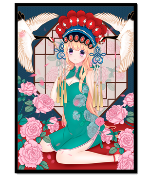 Chica anime elegante con atuendo tradicional y detalles florales y de grulla