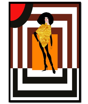 Ilustración de moda con figura en dorado y fondo geométrico