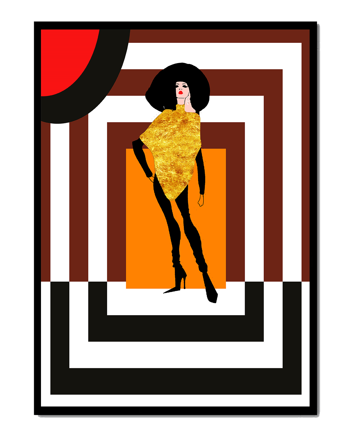 Fashion Illustration with Figure in Gold and Geometric Background