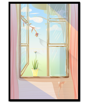 Tranquil open window with floral view and gentle sunlight