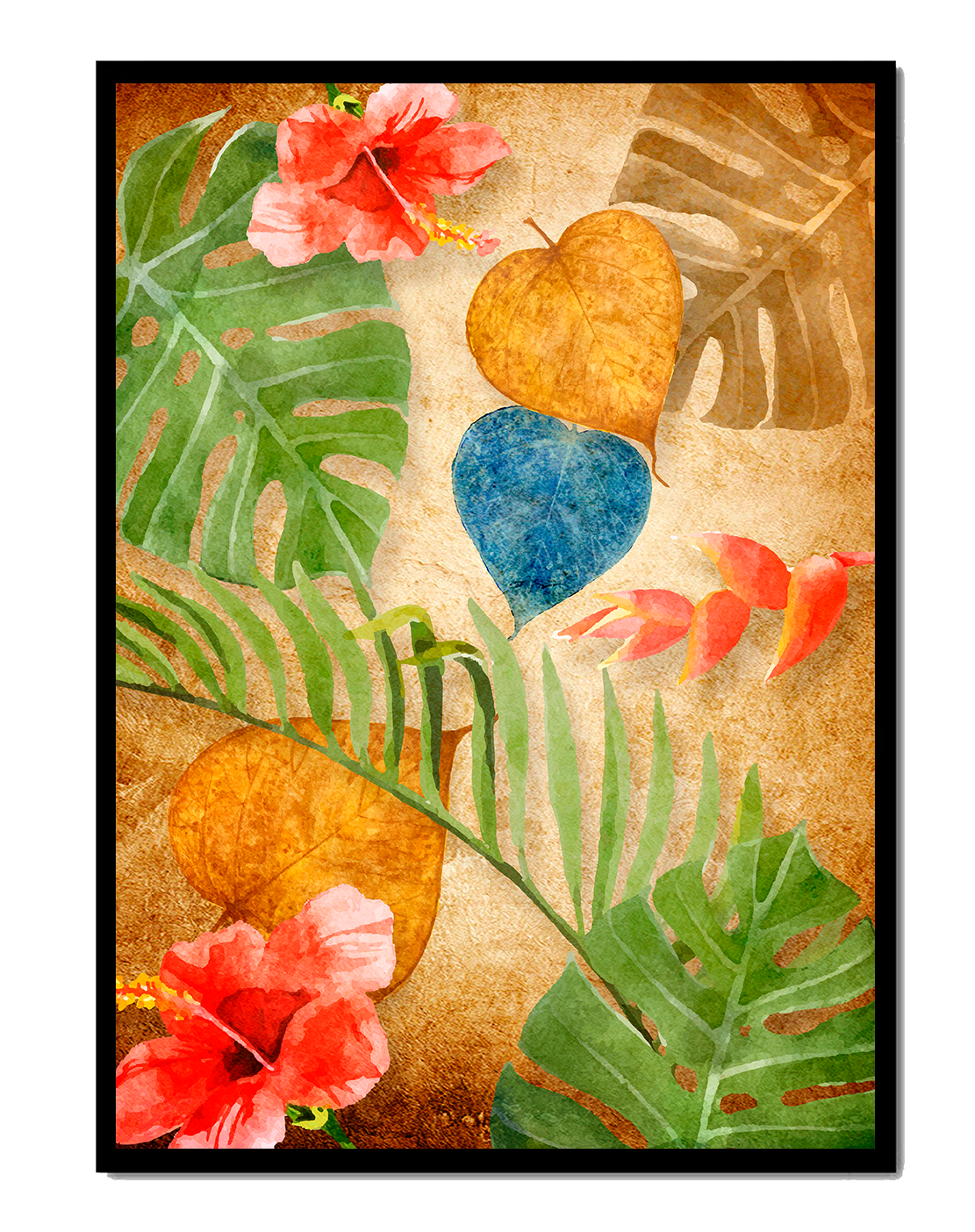 Vibrant tropical leaves and flowers watercolor design