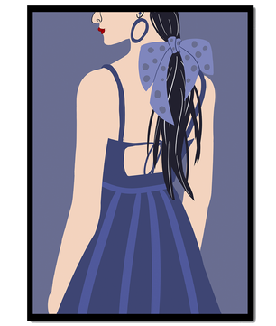 Stilvolle Illustration einer Frau mit gepunkteter Schleife und blauem Kleid