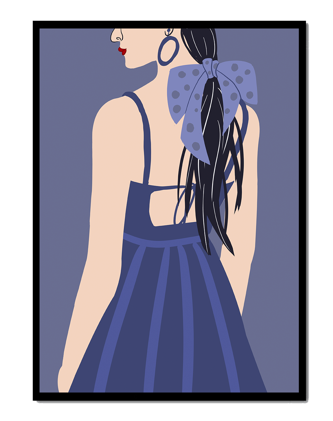 Stilvolle Illustration einer Frau mit gepunkteter Schleife und blauem Kleid