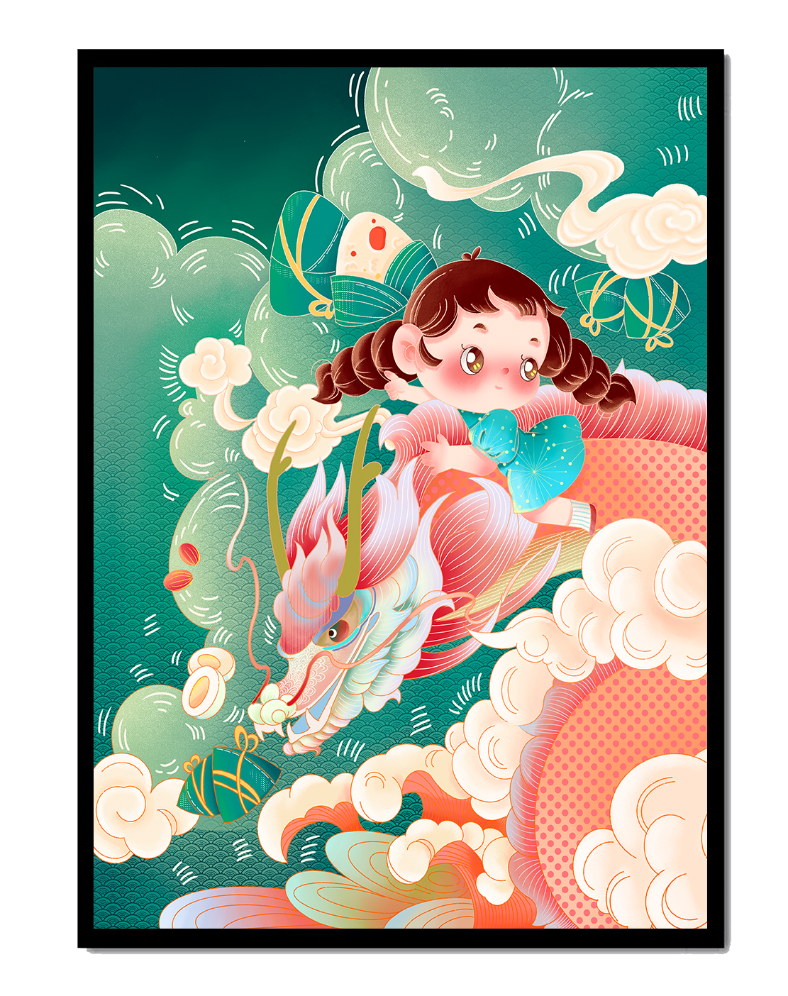 Whimsical scene of a girl riding a dragon through clouds