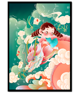Whimsical scene of a girl riding a dragon through clouds