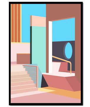 Diseño arquitectónico moderno con elementos geométricos pastel