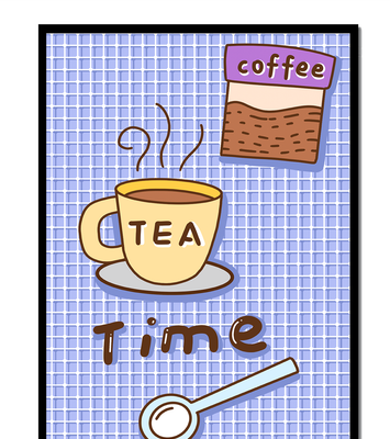 Cozy tea and coffee themed illustration with cup and spoon on plaid background