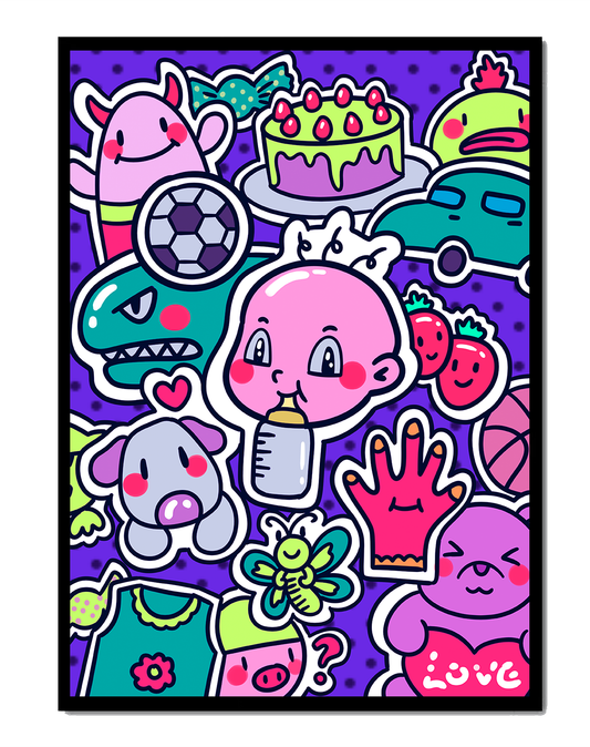 Vibrant cartoon collage featuring baby, animals, and playful objects