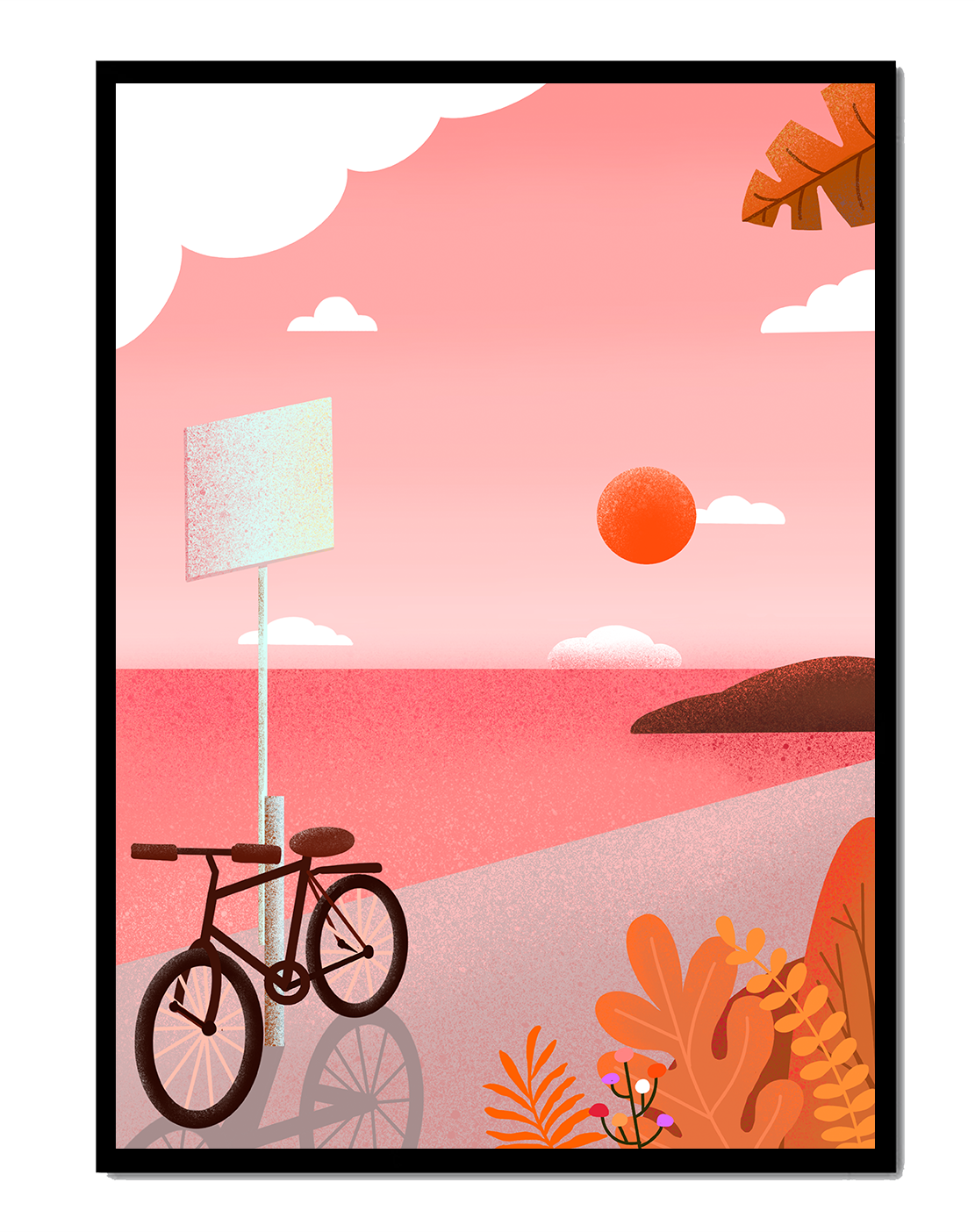 Serene sunset with bicycle by the sea in pastel colors