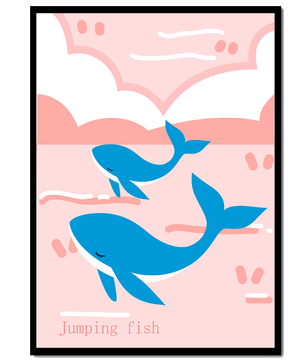 Playful whales illustration in pastel pink and blue
