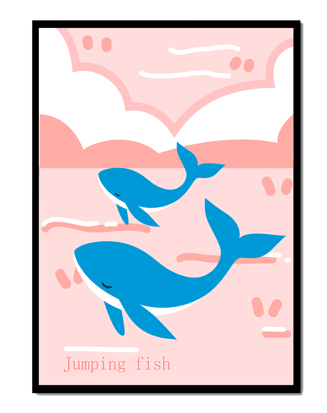 Playful whales illustration in pastel pink and blue