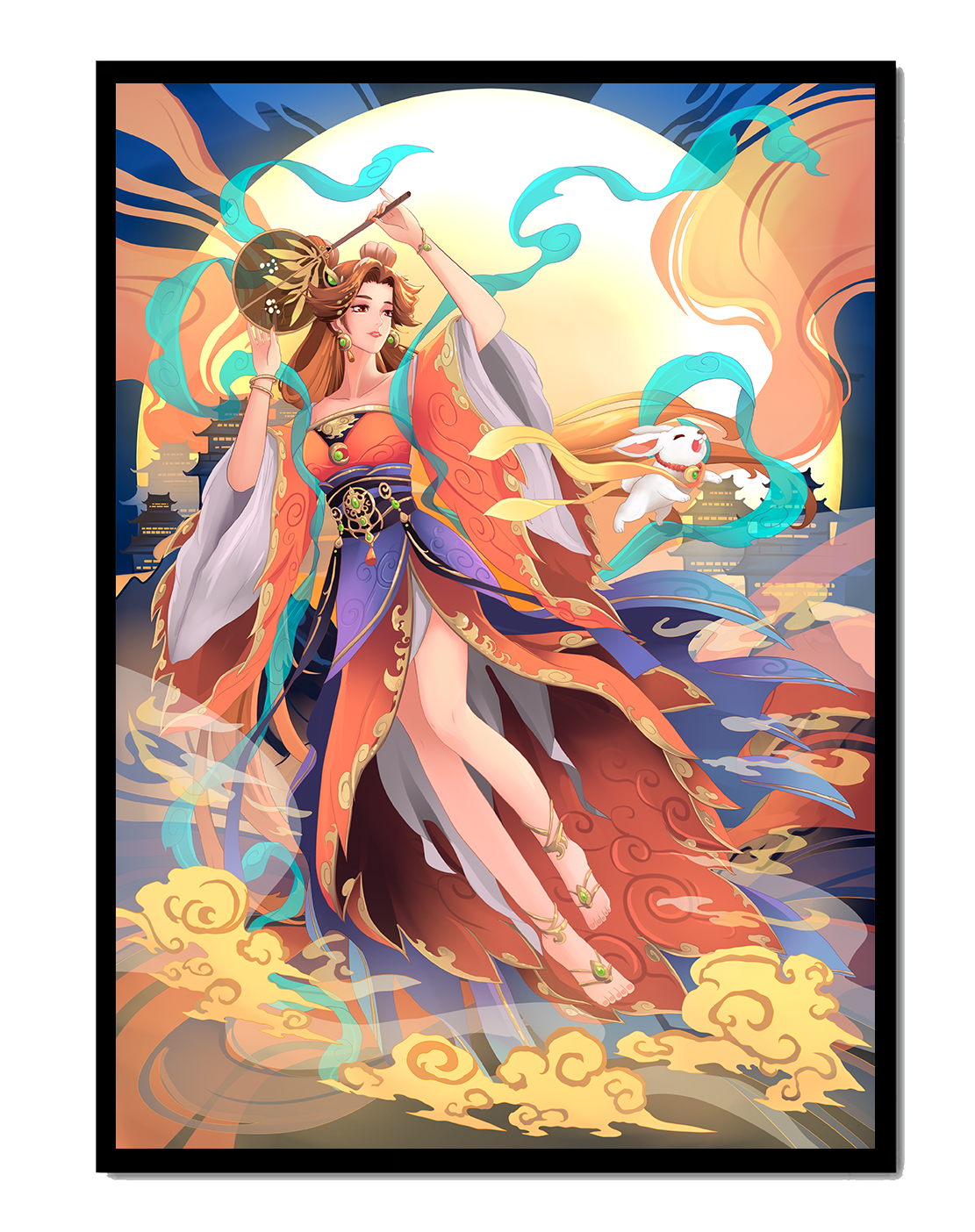 Elegant goddess with flowing robes against a mystical backdrop