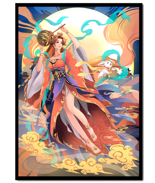Elegant goddess with flowing robes against a mystical backdrop