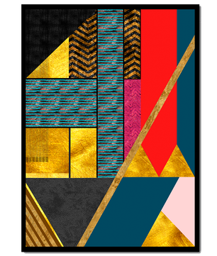 Geometric abstract design with vibrant colors and gold accents