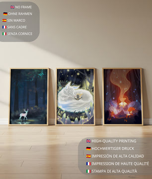 Ausstellung von Fantasie-Kunst mit mystischen Kreaturen in einer natürlichen Umgebung