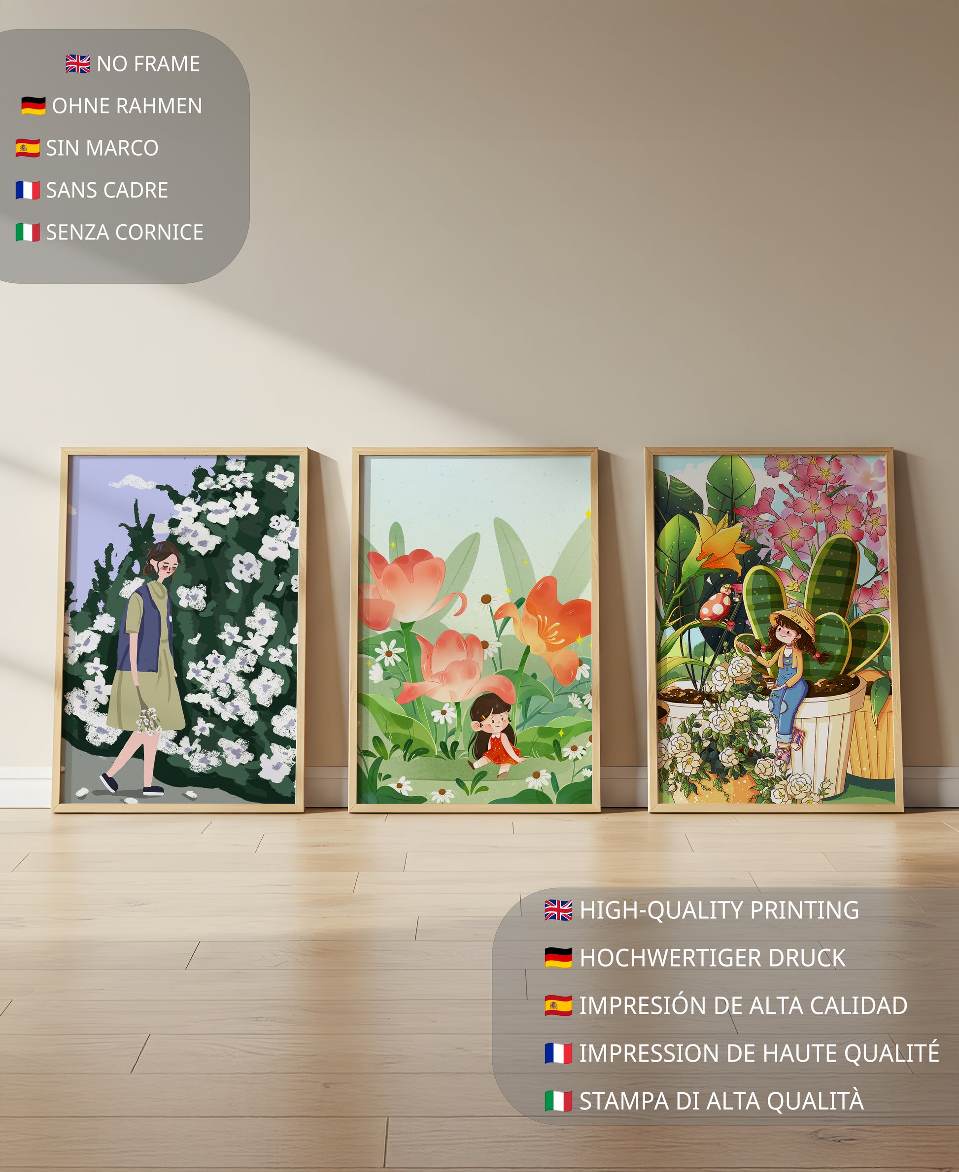 Tríptico de Ilustraciones Florales y Personajes