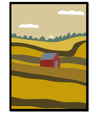 Landscape With Red Barn Amidst Rolling Hills Under Blue Sky