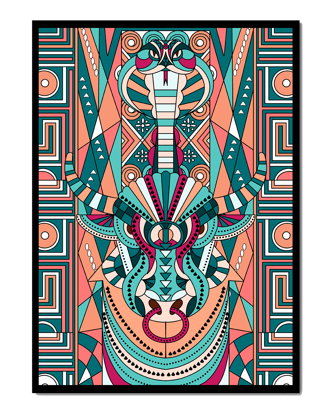 Arte tribal geométrico con motivos de serpiente y toro