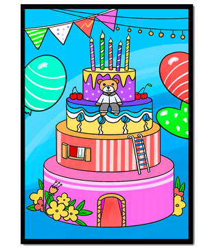 Colorful birthday cake with teddy bear and festive decorations