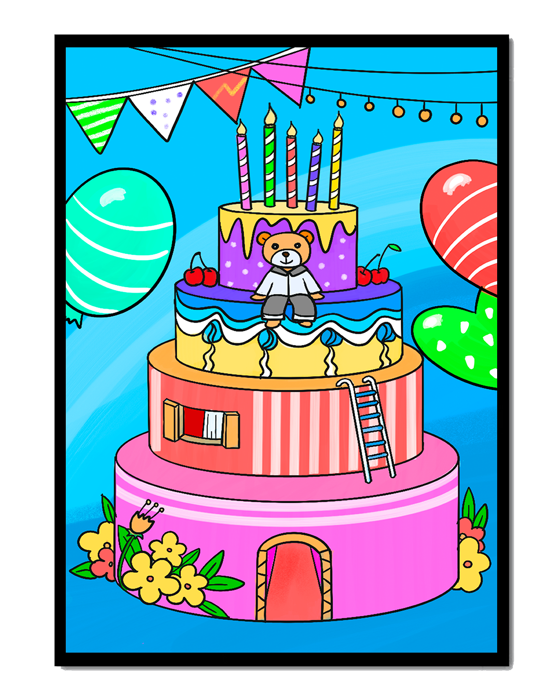 Colorful birthday cake with teddy bear and festive decorations