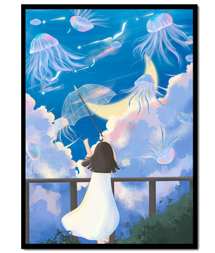 Young girl with umbrella watching surreal jellyfish sky
