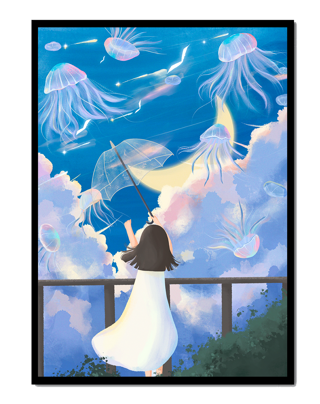 Young girl with umbrella watching surreal jellyfish sky