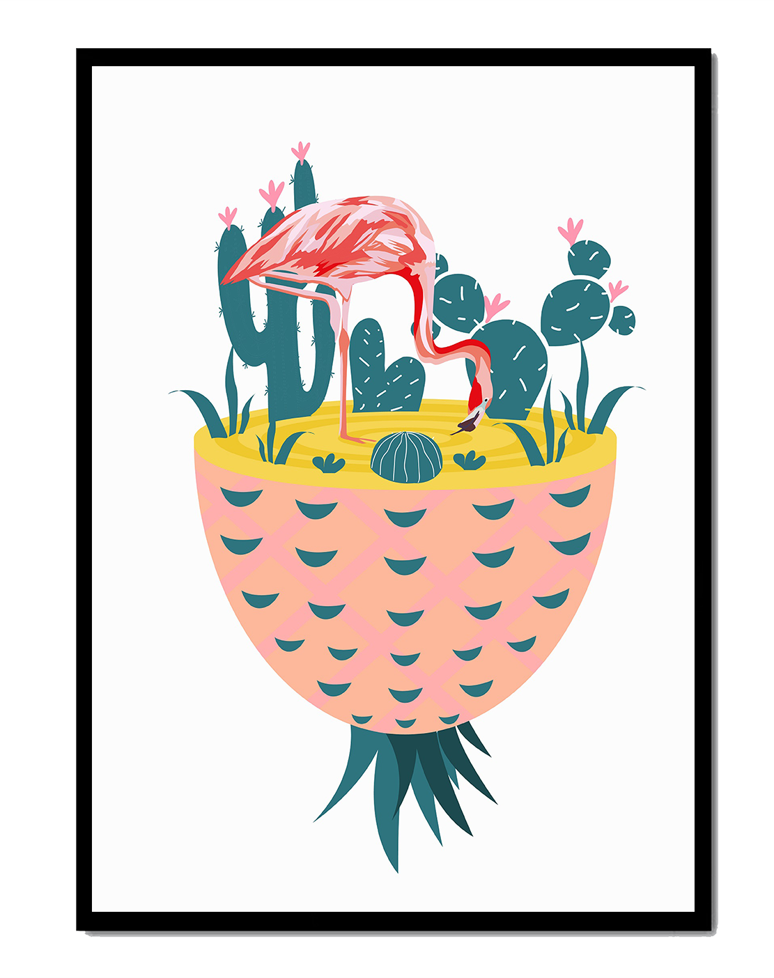 Ilustración de flamenco con cactus en jarrón de piña