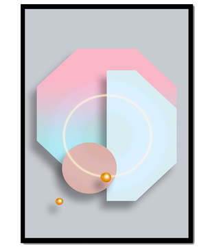 An abstract geometric art piece with pastel tones and golden accents
