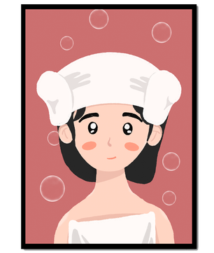 Illustration of a person in a towel with bubbles on a pink background