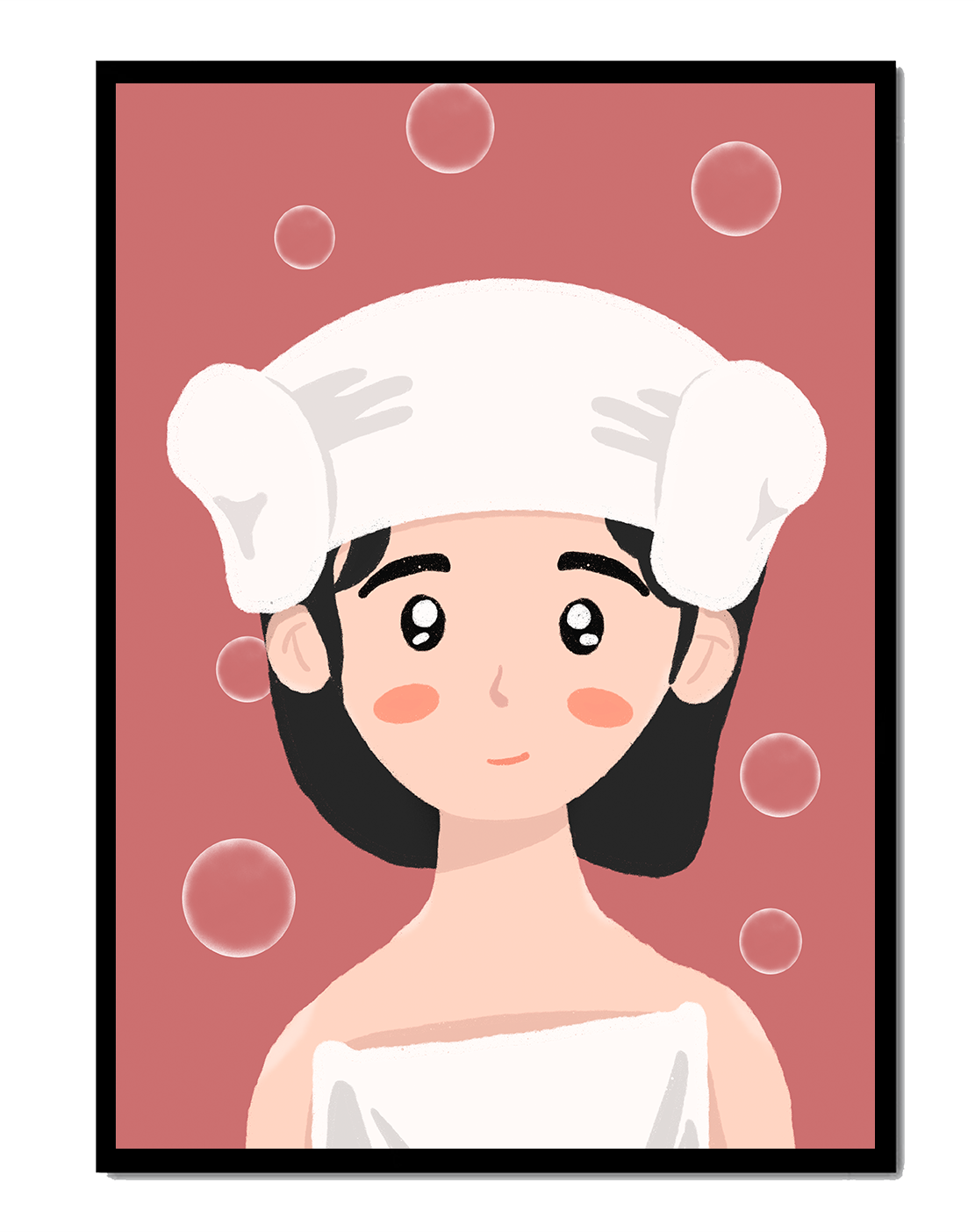 Illustration of a person in a towel with bubbles on a pink background
