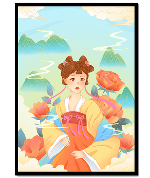 Traditional Asian Art with Woman in Hanfu Surrounded by Mountains and Peonies