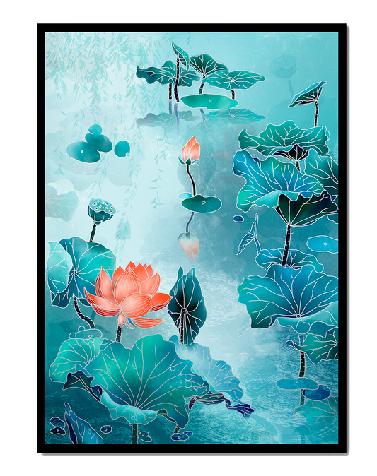 Serene aquatic landscape with lotus and water lilies in artistic style