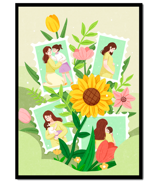 Ilustración de momentos familiares con fondo floral vibrante