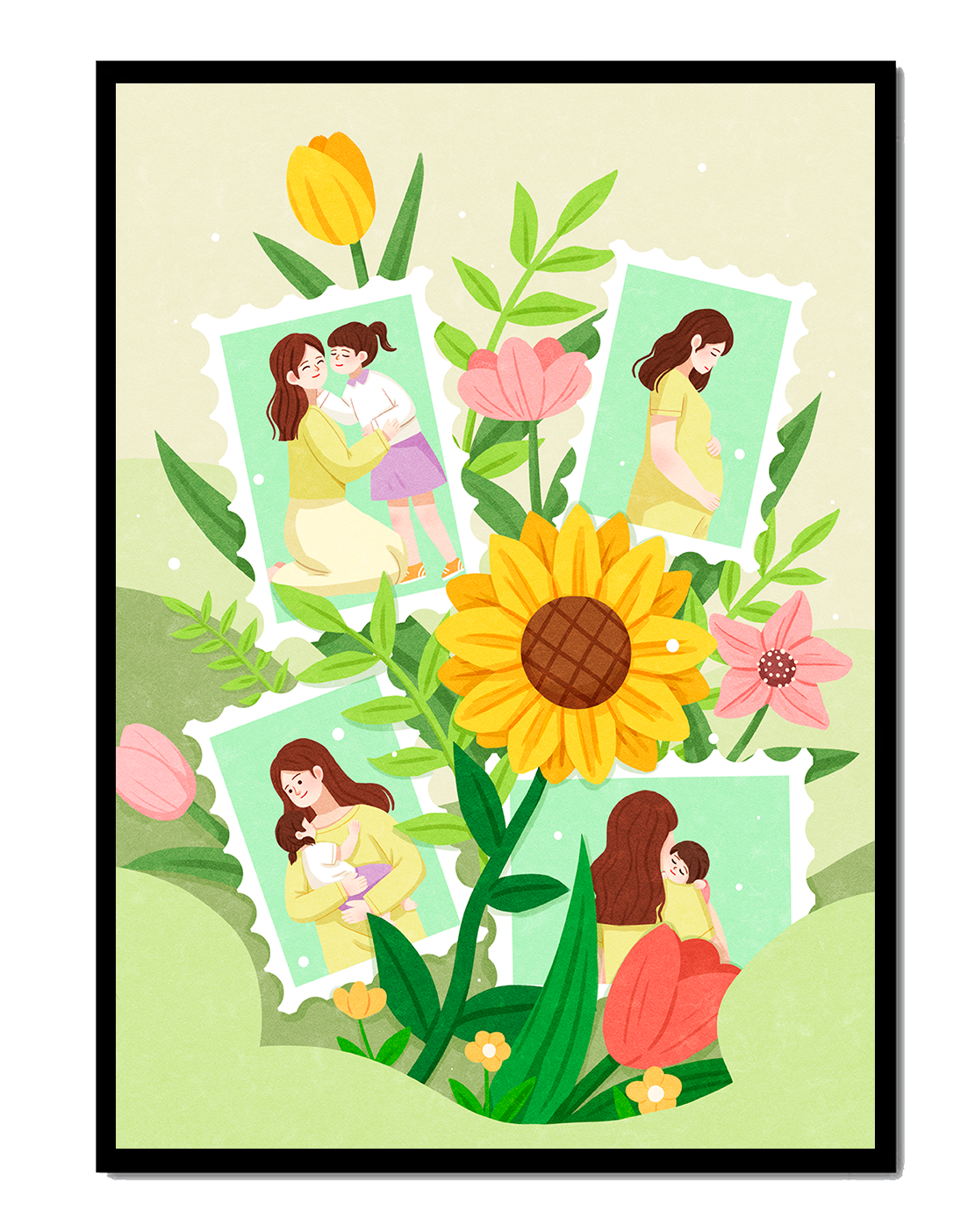 Ilustración de momentos familiares con fondo floral vibrante