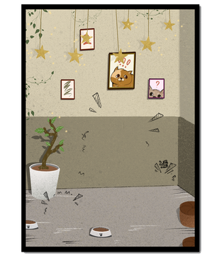 Habitación acogedora con decoraciones de estrellas y obra de arte de gatos