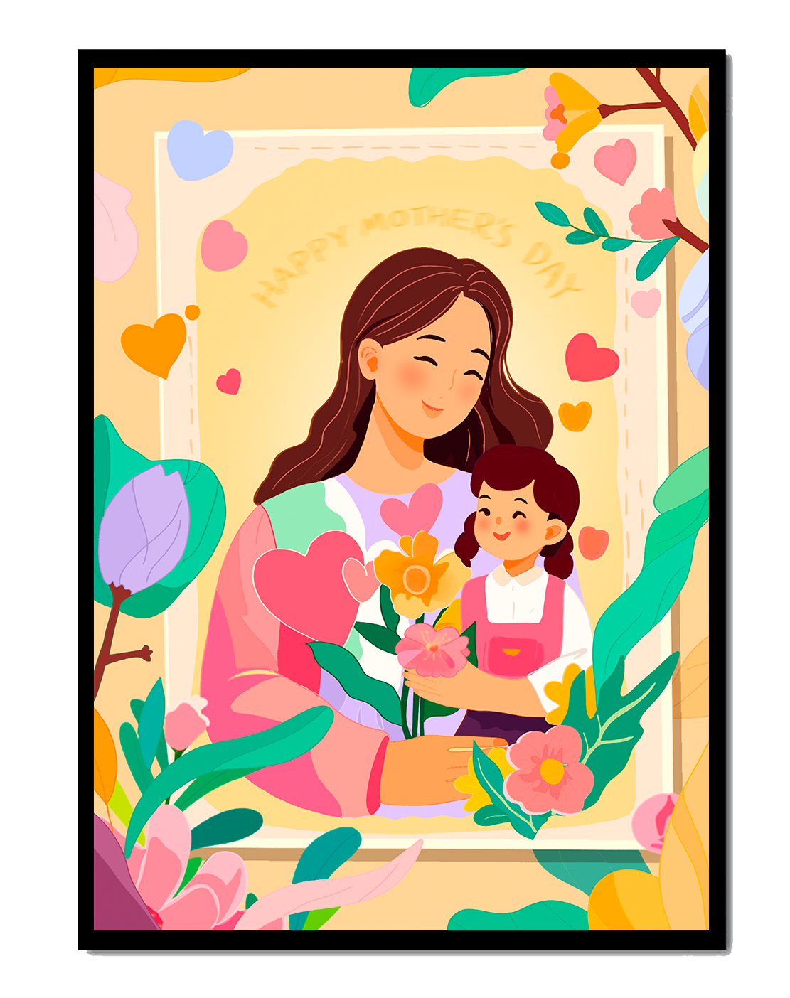 Illustration of mother and daughter with flowers for Mother's Day