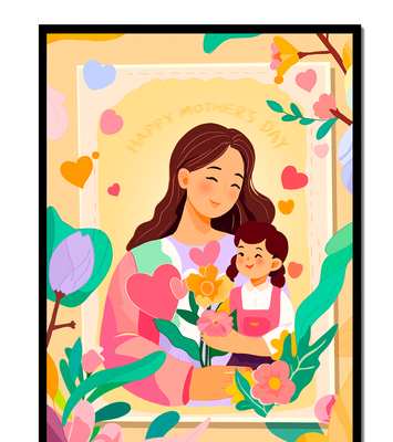 Illustration of mother and daughter with flowers for Mother's Day