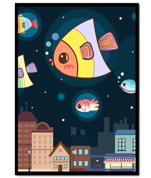 Poisson de dessin animé flottant au-dessus d'une ville nocturne avec des étoiles