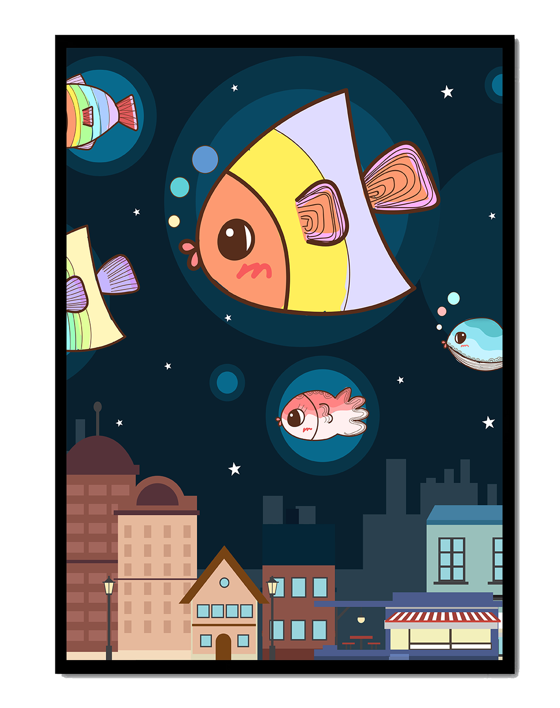 Cartoon Fish Floating Over Night City Scene with Stars