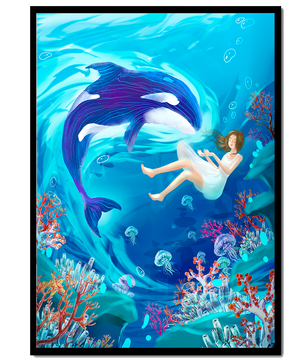 Escena submarina de fantasía con una ballena juguetona y una chica flotando entre corales y medusas