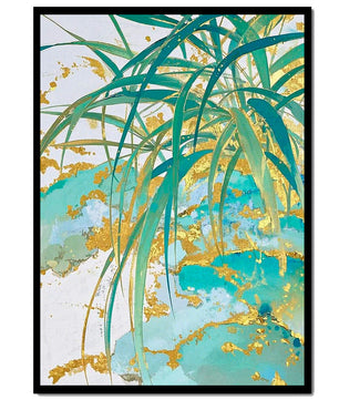 Lush green palm leaves with gold accents on a soft abstract background - Mi tienda