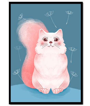 Whimsical Cat Illustration with Dandelions on Blue Background - Mi tienda