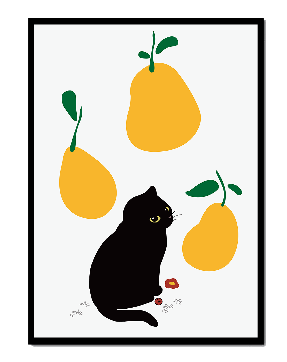 Ilustración de gato negro con peras amarillas y hojas verdes