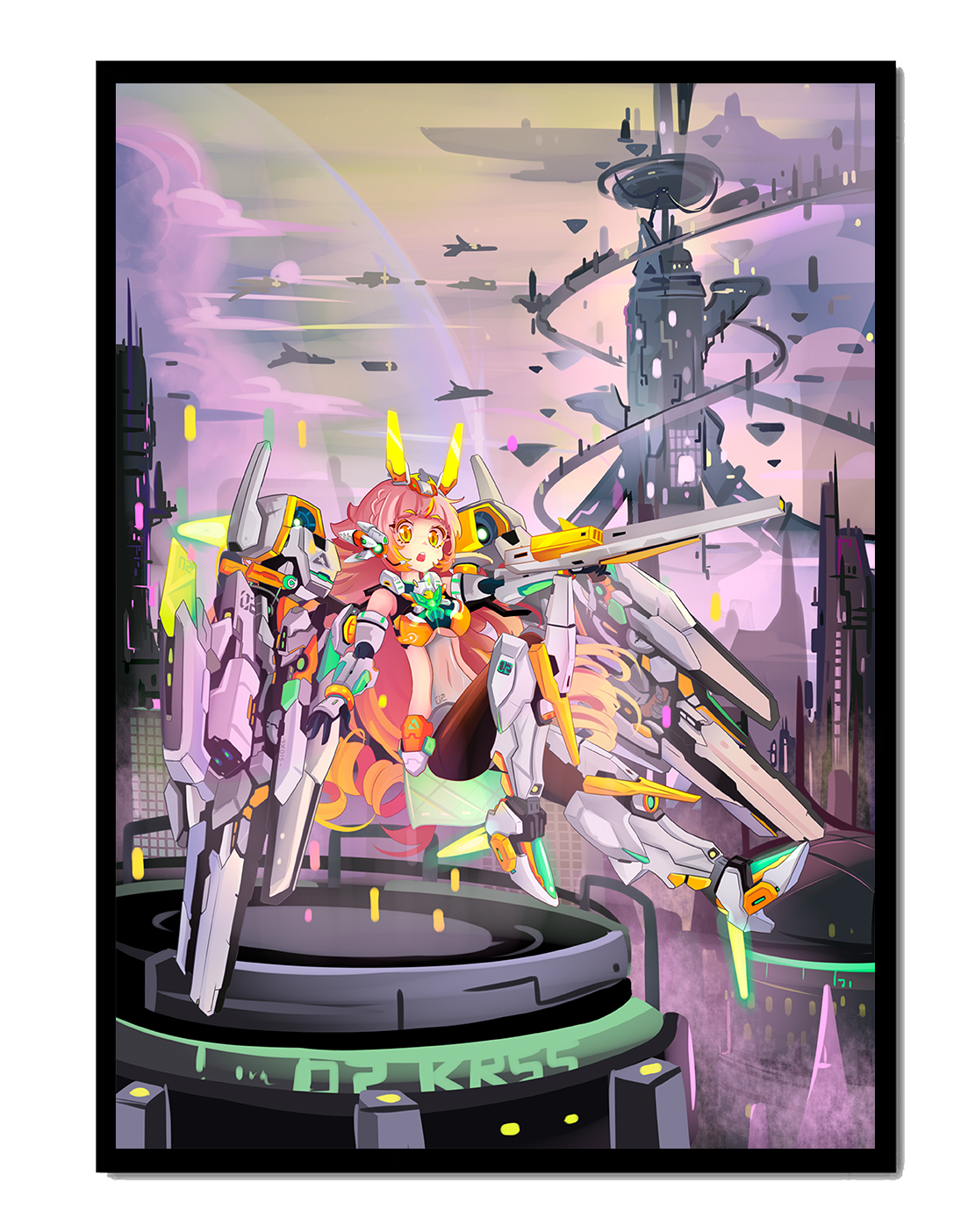 Futuristic illustration of girl with robot in sci-fi cityscape