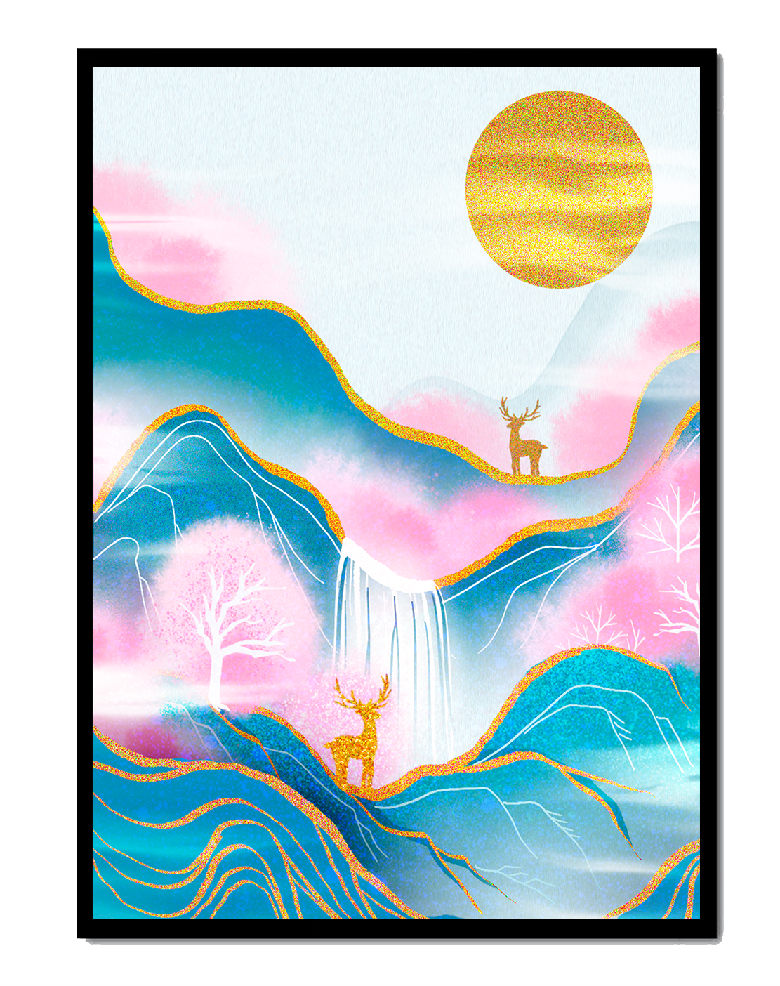 Golden deer in a pastel mountain landscape with pink skies
