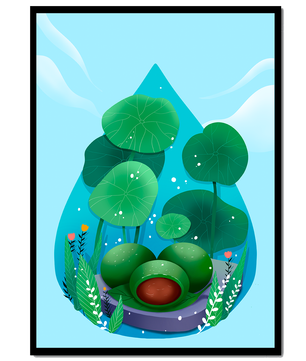 Nature-inspired abstract illustration with leaves and spheres
