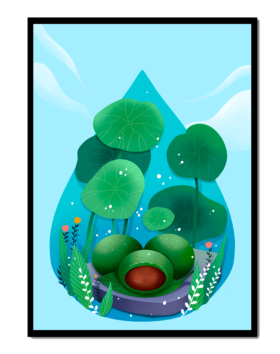 Nature-inspired abstract illustration with leaves and spheres