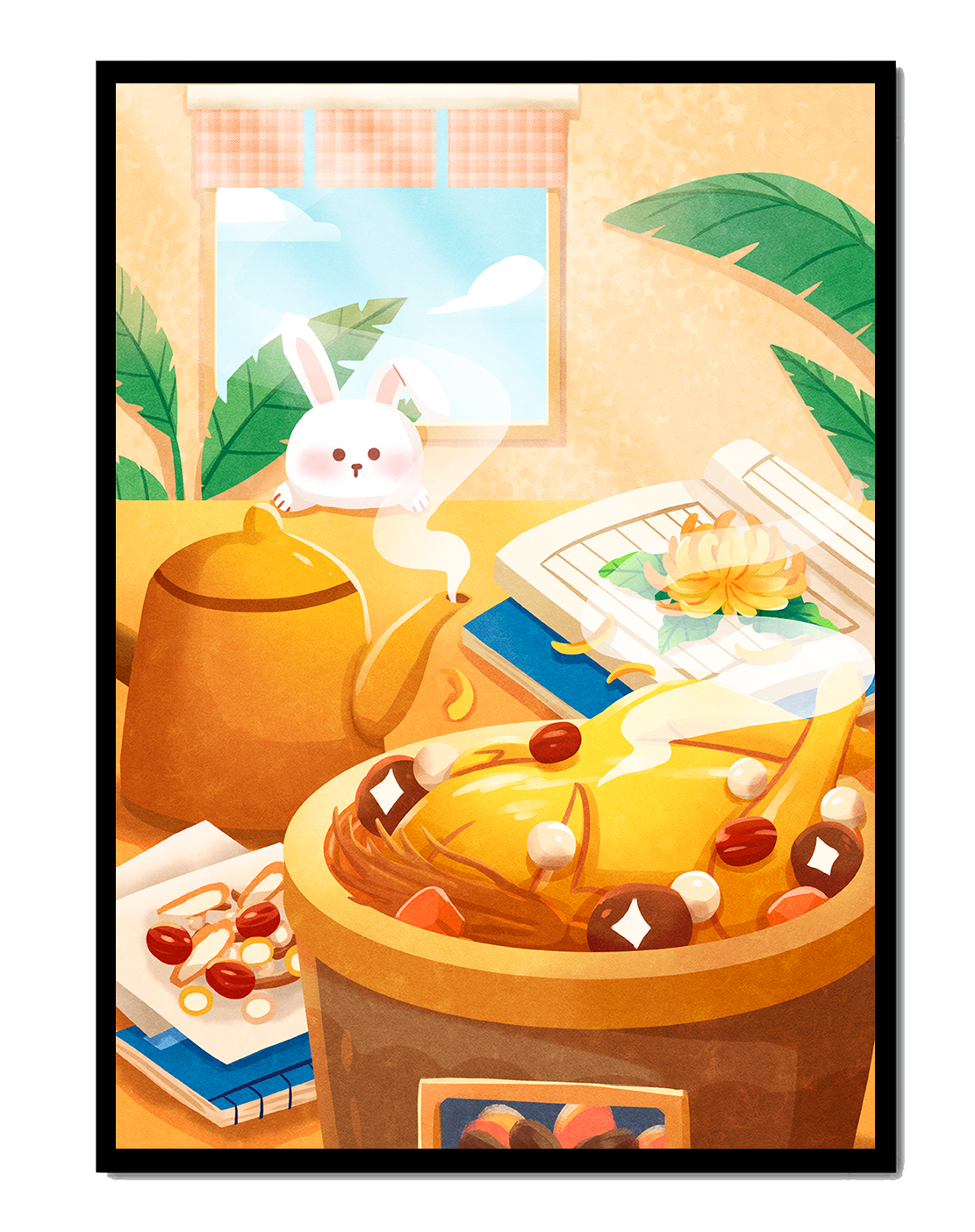 Cozy kitchen scene with cute bunny, teapot, and golden dessert