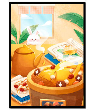 Cozy kitchen scene with cute bunny, teapot, and golden dessert